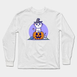 Cute Witch Cat Sitting Pumpkin Halloween Cartoon Vector Icon Illustration Long Sleeve T-Shirt